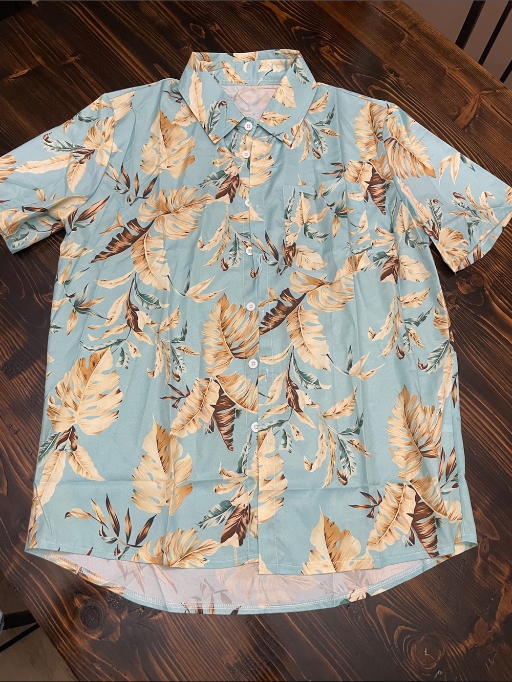 Men's Casual Light Blue Tropical Leaf Print Button-Down Shirt